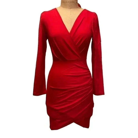 Sarin Mathews Dresses & Skirts - Sarin Mathews Deep V Neck Ruched Bodycon Long Sleeve Mini Dress Red NWT Size XL